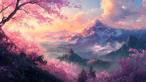 Mountain valley with cherry blossoms and distant pagoda view.