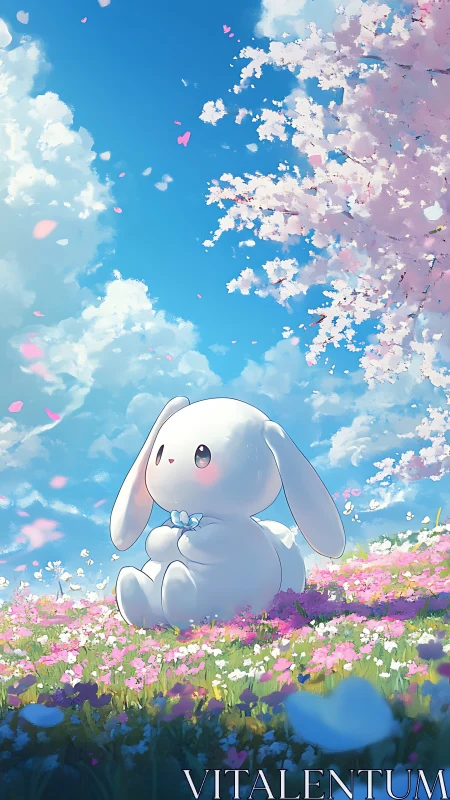 Gentle bunny relaxing under dreamy cherry blossoms in spring.