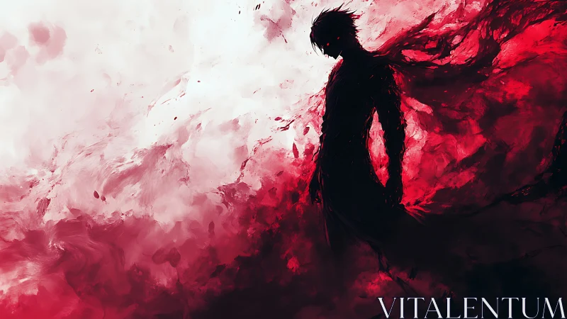 Crimson shadow figure dissolving into stormborn scarlet mist.