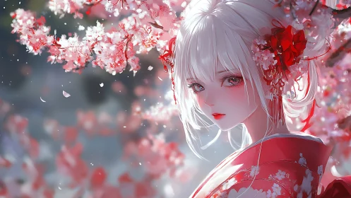 Blossom-kissed gaze pauses beneath a drift of sakura snow