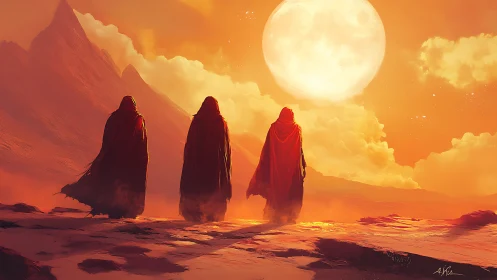 Three robed wanderers cross a fiery desert beneath a colossal moon.