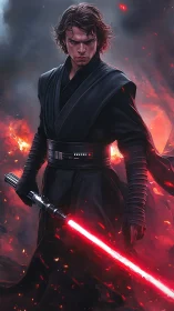 Dark warrior with red lightsaber stands amid fiery smoke