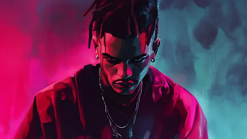 Neon shadows cradle a contemplative rebel in electric calm