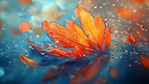 Glowing orange leaf floating softly through sparkling water.