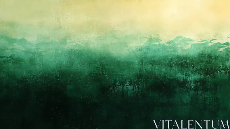 Emerald mist landscape under soft golden horizon glow.