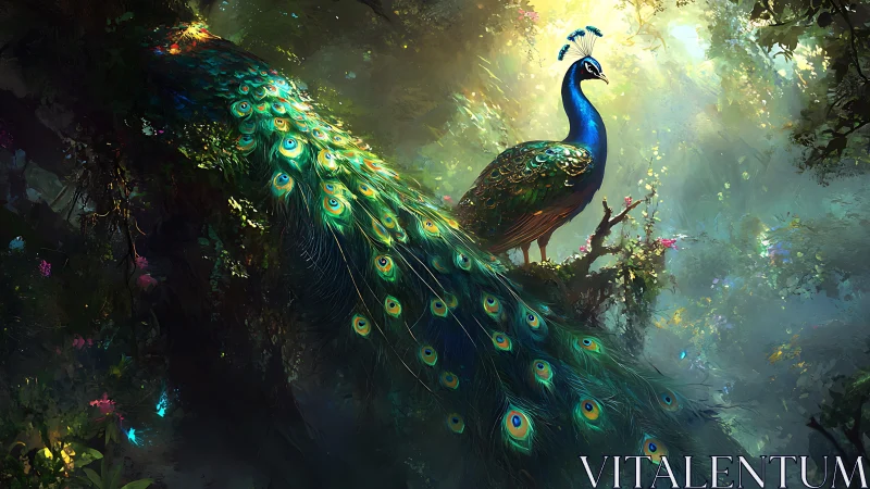 Enchanted forest peacock basking in soft, dreamlike light.