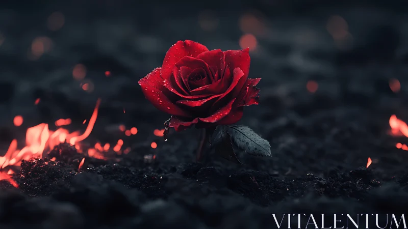 Single crimson rose blazing amid dark embers at night.