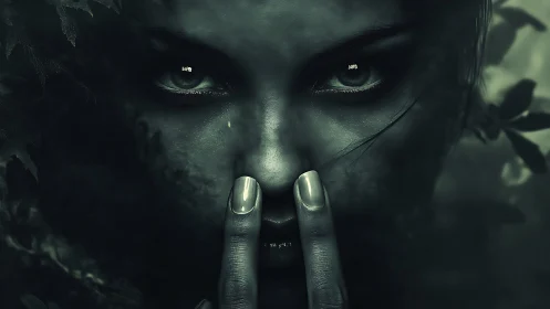 Nocturnal forest portrait with intense gaze and silencing gesture