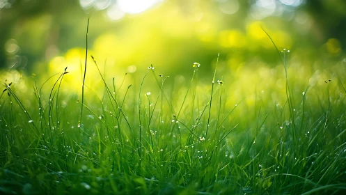 Dewlit meadow blades bask under sunrise’s soft green hush.