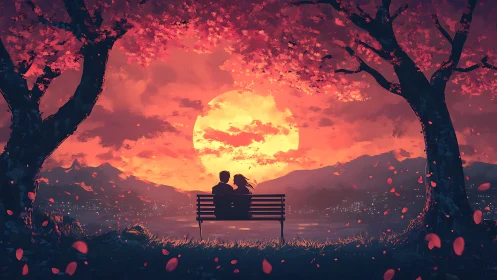 Two Figures on Bench Against Radiant Sunset.