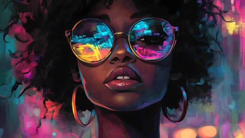 Neon city reflections in bold digital portrait glasses.