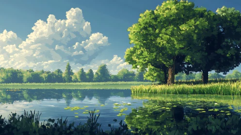 Lakeside trees reflected in calm water under bright clouds.