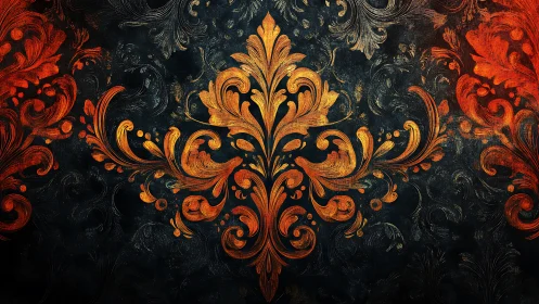 Ornamental gold and red baroque flourishes on dark ground.