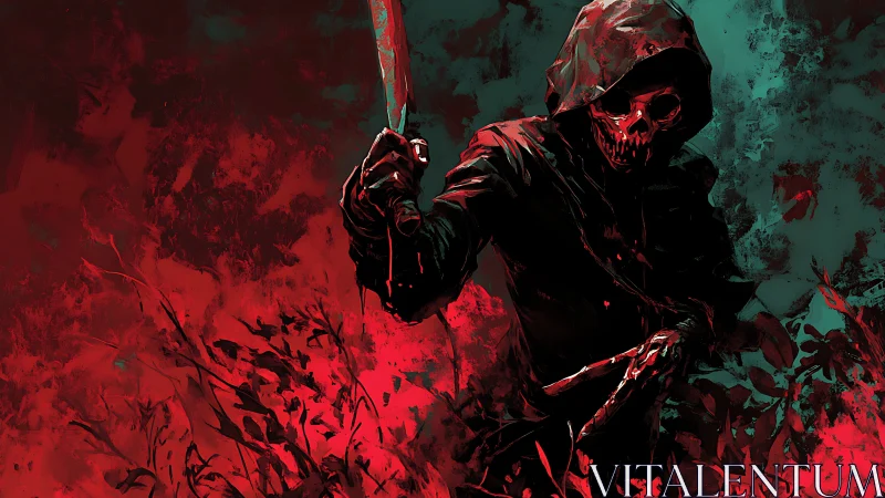 Hooded skeletal killer brandishes bloodied knife in high-contrast duotone