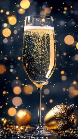Champagne flute with golden effervescence and celebratory bokeh.