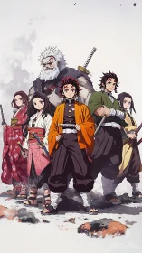 Anime swordsmen ensemble in stylized snowy battlefield stance.