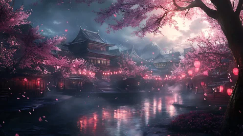 Twilight sakura harbor framing misty traditional temples.