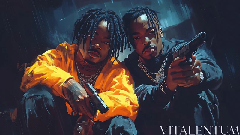 Digital painting of armed duo in urban nocturne composition.