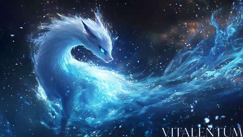 Starlit ice spirit fox swirling through a cosmic tide.