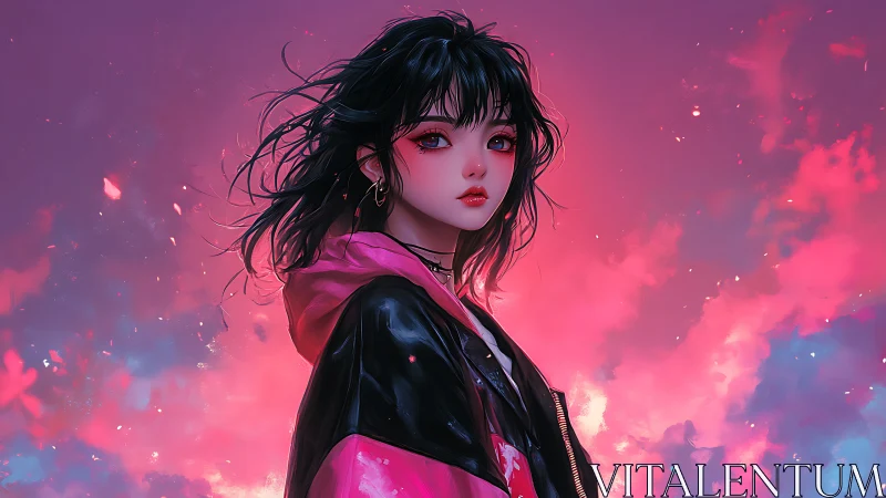 Black haired girl in pink jacket before vivid sky backdrop.