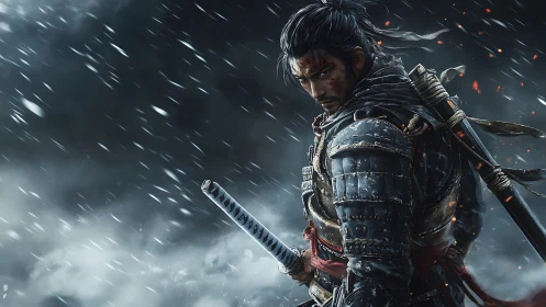 Samurai warrior stands defiant in storm of snow and embers.
