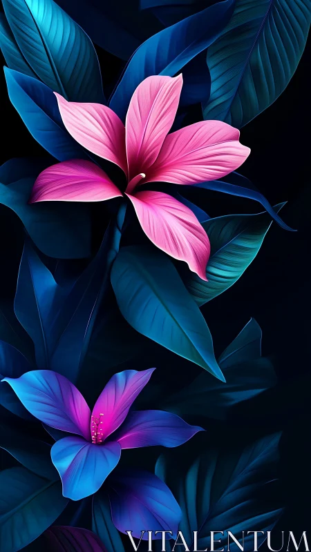 Vibrant Tropical Flowers Bloom in Neon Pink and Blue