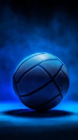 Monochrome basketball on illuminated blue surface background.
