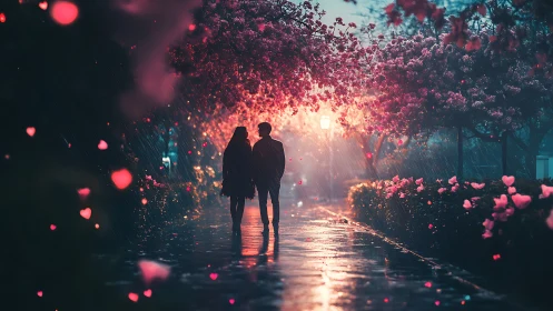 Silhouetted Couple in Luminous Floral Tunnel.