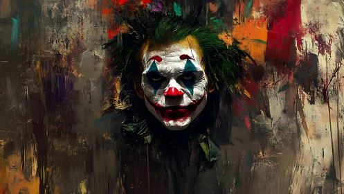 Clown face emerges from textured abstract painted background