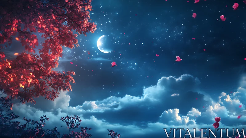 Crescent moon over rose-lit tree in luminous night sky.