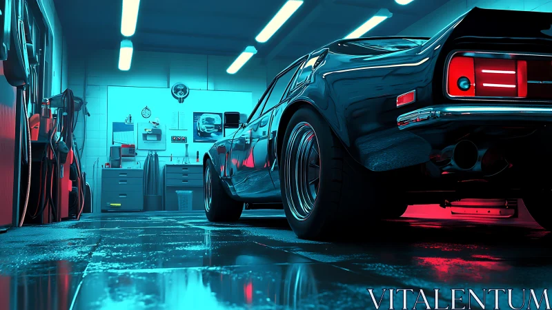 Midnight muscle car humming under neon garage hush.