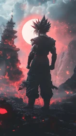 Lone super warrior before ember-lit temple and blood moon.