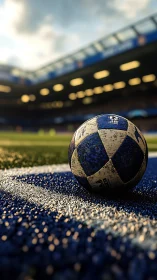 Weathered blue soccer ball on stadium sideline turf.