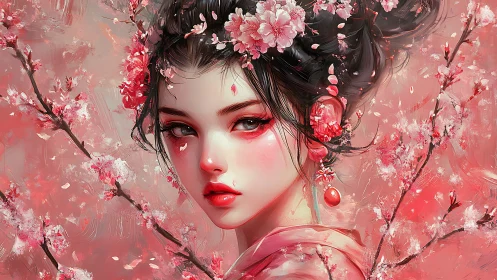 Digital portrait of floral-adorned girl in saturated red palette