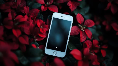 White Smartphone Resting Among Deep Crimson Foliage and Blurred Botanical Elements