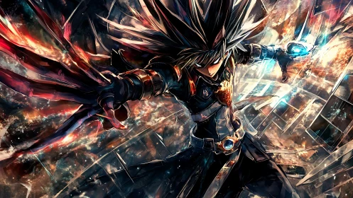 Kinetic anime duelist amidst fracturing luminescent shards.