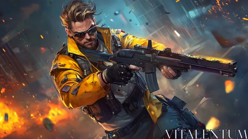 Fearless action hero charging through the neon firestorm.