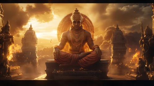 Solar throne of serenity amid roaring temple inferno.