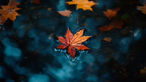 Autumn maple leaf floating on dark blue water surface.