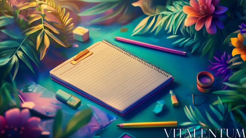 Sketchbook on tropical desk with vivid art supplies.
