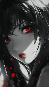 Monochrome anime portrait isolates crimson eyes and lips