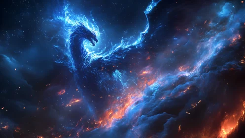 Cosmic blue phoenix rising over burning nebula clouds.