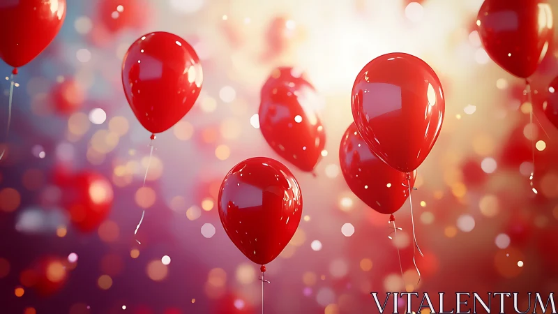 Red balloons suspended in space with bokeh background and subtle lighting effects