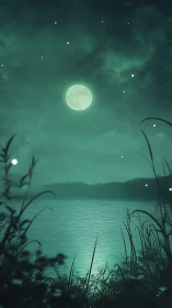 Moonlit lake quietly practices its mint-tinted reflections