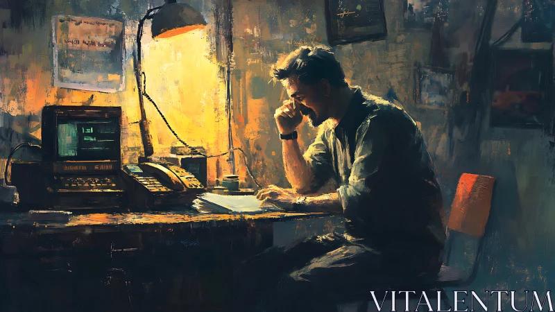 Late night workspace glows as a focused man studies quietly