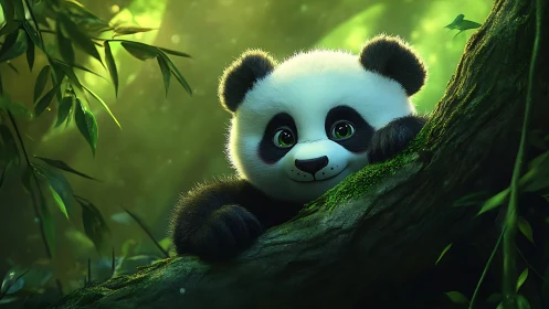 Baby panda rests on mossy branch in glowing bamboo grove.