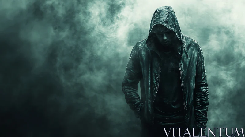 Moody hooded figure pauses quietly in swirling urban mist