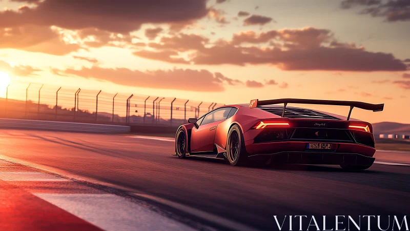 Track-ready red supercar at sunset on curving race circuit