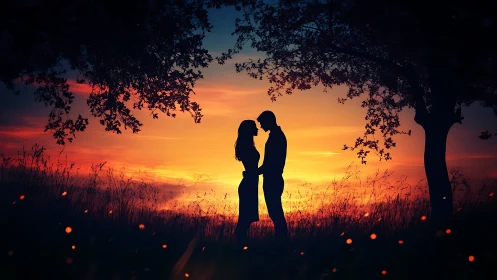 Silhouetted couple embracing beneath firefly-lit sunset.