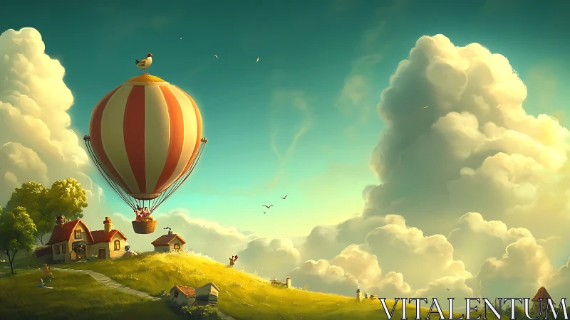 Striped hot air balloon over rural hilltop landscape.